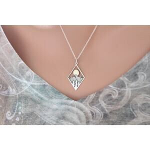 Sterling Silver Diamond Mountain Moon Charm Necklace